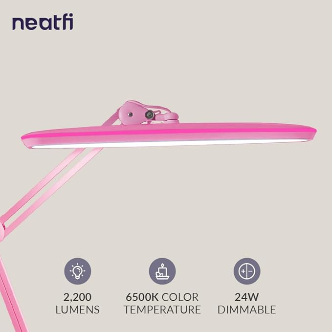 Neatfi XL 2,200 Lumens 24W LED Desk Lamp – 23” Wide Shade | Dimmable Eye-Caring Task Light | Adjustable Arm | Home Office, Study, Crafts & Nail Tech (Non-CCT with Clamp, Pink)