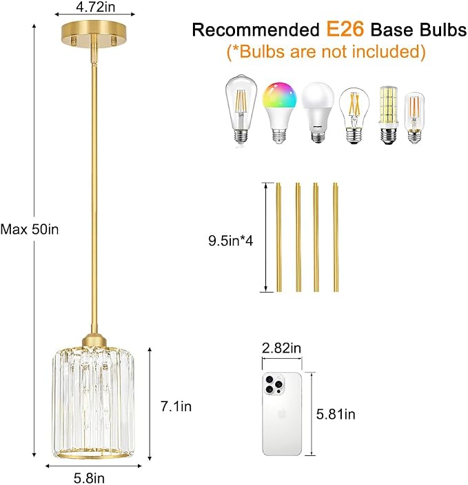 Lxybcce Brushed Gold Kitchen Pendant Lights Over Island with Adjustable Rods - Crystal Pendant Lighting Fixtures for Sloped Ceiling, Ideal Over Dining Table or Bar, E26 Bulb Compatible