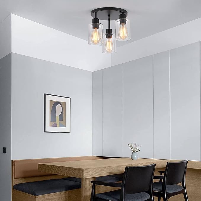 3-Light Industrial Farmhouse Black Matte Light Fixtures Ceiling Mount, with Clear Glass Shades Semi Flush Mount Ceiling Light, for Hallway Fixtures Kitchen, Foyer