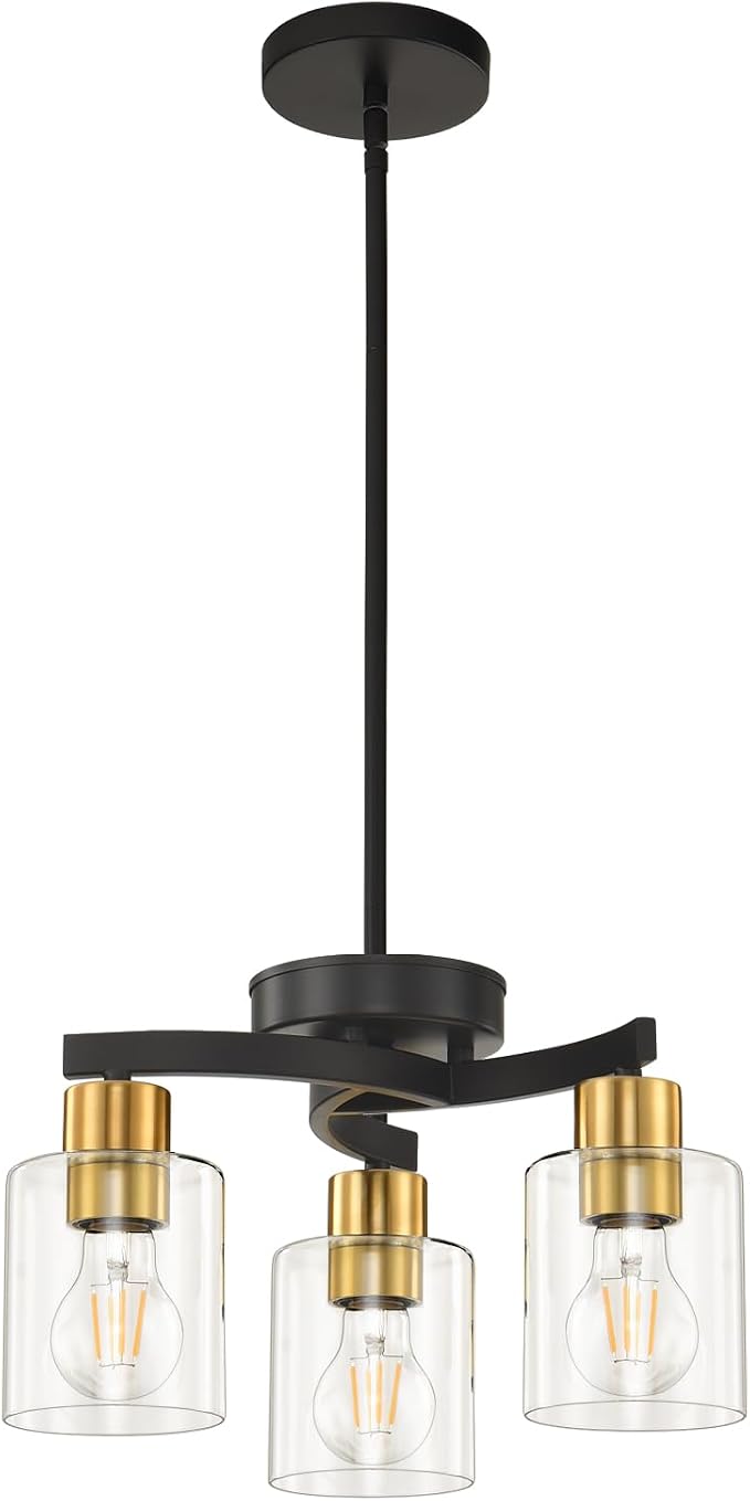 Black Brass Dining Room Chandelier, 3 Light Modern Industrial Pendant Light for Kitchen Island, Adjustable Height Ceiling Light with Clear Glass Shades,E26 Base,Dimmable