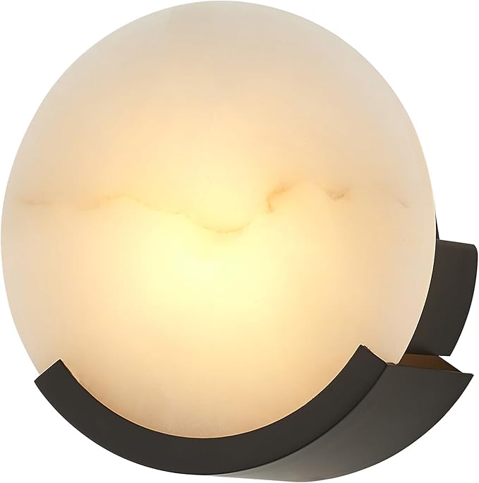 1-Light Black Modern Wall Sconces for Bedroom, Round Sconce Wall Light Fixture for Bathroom, Alabaster Sconce Lighting for Living Room, 1 Pack
