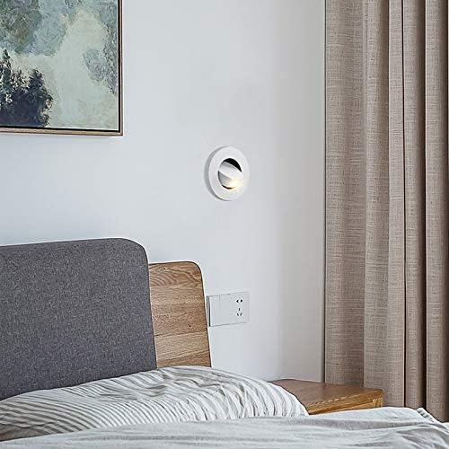 3W LED Wall Recessed Step Stair Lighting Bedside Reading Light Fixture Hidden On/Off Switch Adjustable Warm White Silver Circle
