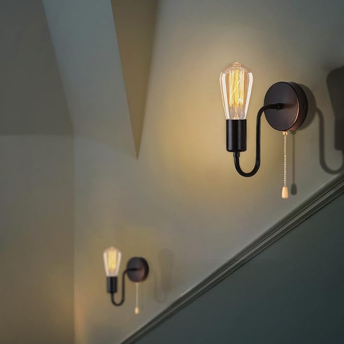 Vintage Pull Chain Wall Light Fixtures Set of 2 Hardwired Wall Sconces with ON Off Switch Retro Black Metal E26 Indoor Wall Lamps Small for Bedrooms Living Room Kitchen