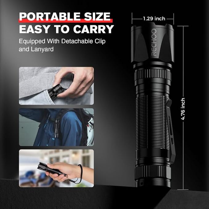 RECHOO Red Light Flashlight, High-Powered 3 Modes Red LED Rechargeable Flashlights with Clip & Lanyard, Zoomable and Portable Red Flashlights for Hunting, Astronomy, Aviation, Night Observation