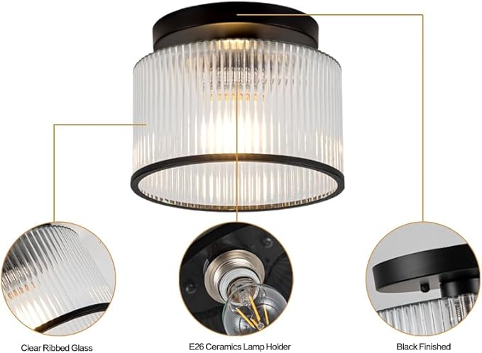 Zlepmlla Glass Ceiling Light, Clear Ribbed Glass Ceiling Light Fixture with Black Metal Frame, Modern Semi Flush Mount Ceiling Light for Hallway, Bedroom, Bathroom, Entryway, Kitchen