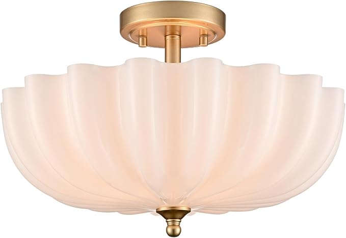 Modern Gold Semi Flush Mount Ceiling Light with Milky Flower Glass | Brushed Brass Ceiling Light with Scalloped Shade Close to Ceiling Light Fixture for Living Room Bedroom Entryway