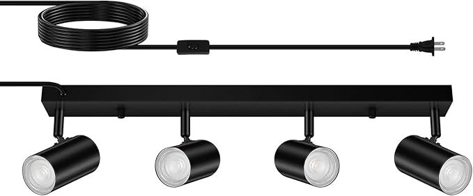 4 Light Track Lighting Kit,Black 4 Way LED Plug in Ceiling Spotlight,Industrial GU10 Wall Light for Kitchen Cabinet Gallery Bar Hallway Living Room,Rocker Switch,15 Foot Cord(No Bulb)