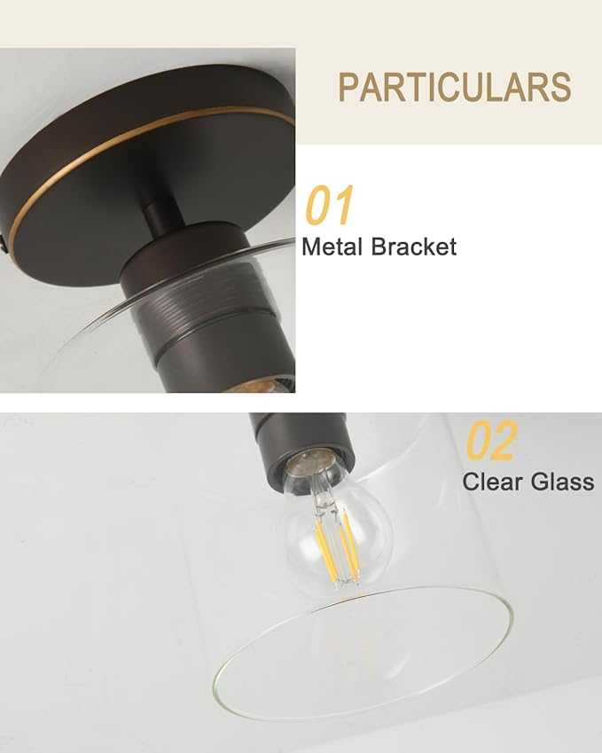 Brown and Gold Semi Flush Mount Ceiling Light,Modern Farmhouse Ceiling Light Fixture for Closet Entryway,Hallway Light Fixture 5.9in Clear Glass Shade 2 Pack