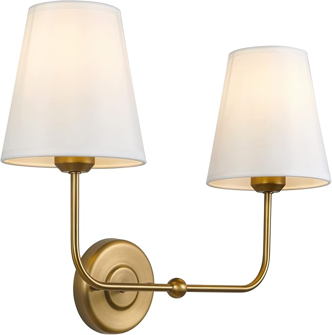 Double Light Wall Sconce with White Fabric Tapered Shades, 2-Light Antique Brass Sconce for Bathroom Vanity Hallway Stairway Living Room