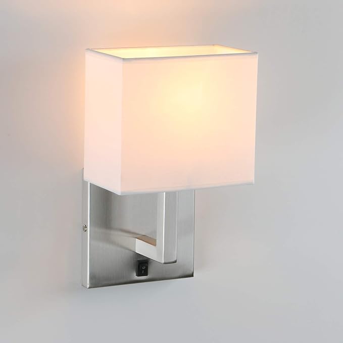 PERMO Single Fabric Wall Sconce Brushed Nickel Finished Sconces with White Textile Shades and On/Off Switch Button Modern Nightstand Lamps for Bedrooms Bedside Reading