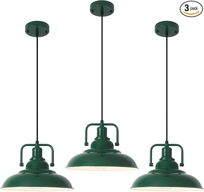 Farmhouse Pendant Light, 12.5inch, 3 Packs Green Kitchen Pendant Lights, Island Pendant Lights, Pendant Lights Kitchen Island, Pendant Light for Bedroom, Office, Kichen Sink, Library