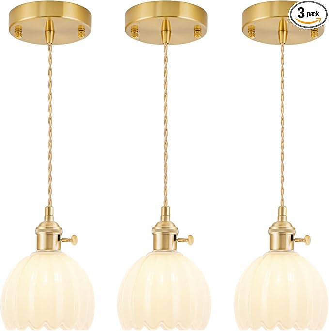 Mini Pendant Lights Kitchen island 3 Pack, Small Adjustable Pendant Light Fixture with Milk White Tulip Glass Lampshade, Vintage Gold Pendant Lighting, Pendant Light for Bedroom Dining Room Hallway