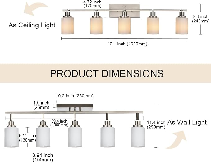 5-Lights Complete Track Lighting Kits in Brushed Nickel, Modern Spotlight Ceiling Lighting with Opal White Glass, E26 Bulb Base