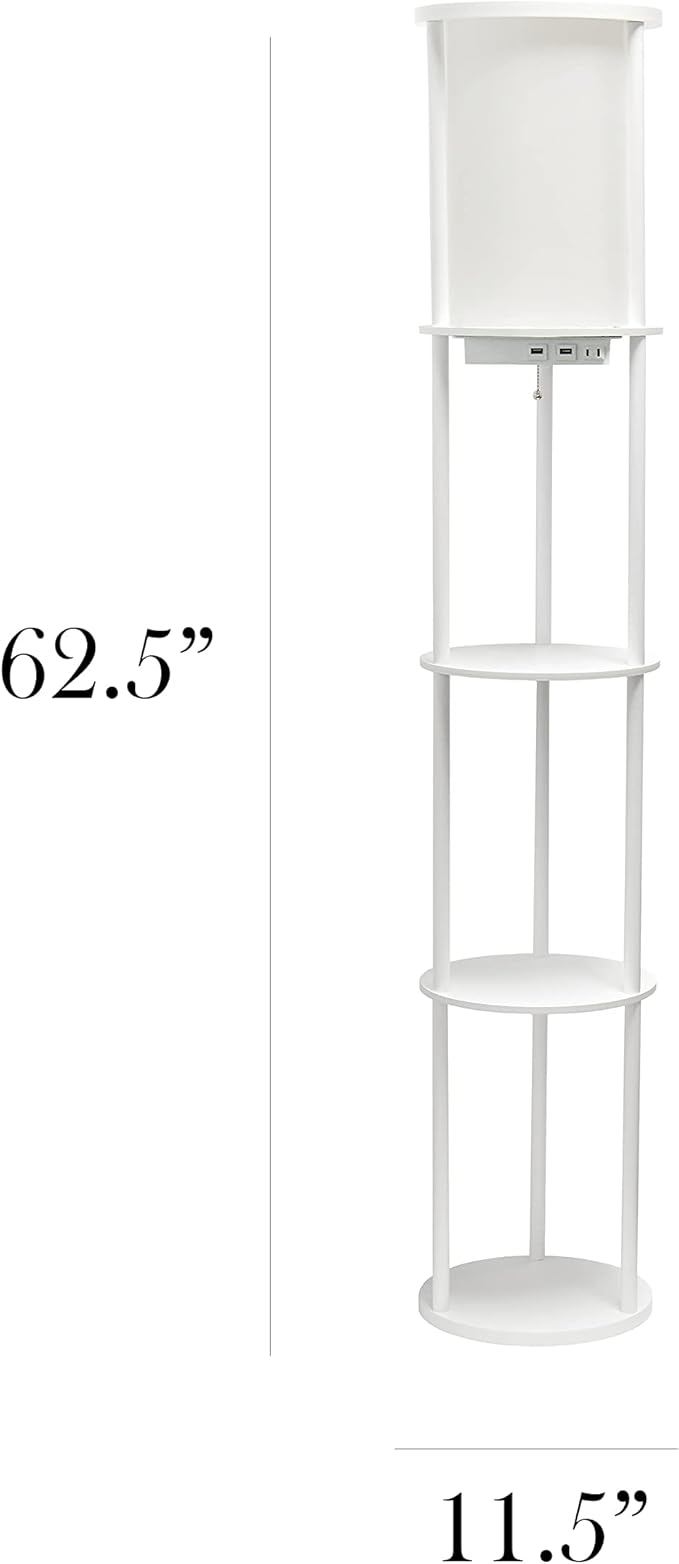 Simple Designs 62.5" LF2010-WHT Round Modern Shelf Etagere Organizer Storage Floor Lamp with 2 USB Charging Ports, 1 Charging Outlet and Linen Shade for Living Room Bedroom Office, White