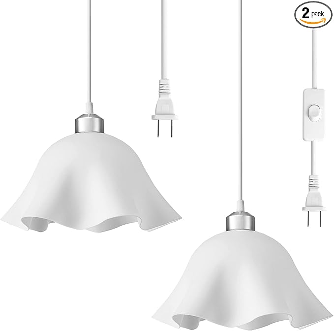 Plug in Pendant Light, 2 Pack Hanging Lights with Plug in Cord, Hanging Lamp with15Ft Cord, On/Off Switch, Frosted Plastic White Shade, Plug in Hanging Ceiling Lights for Bedroom, Living Room