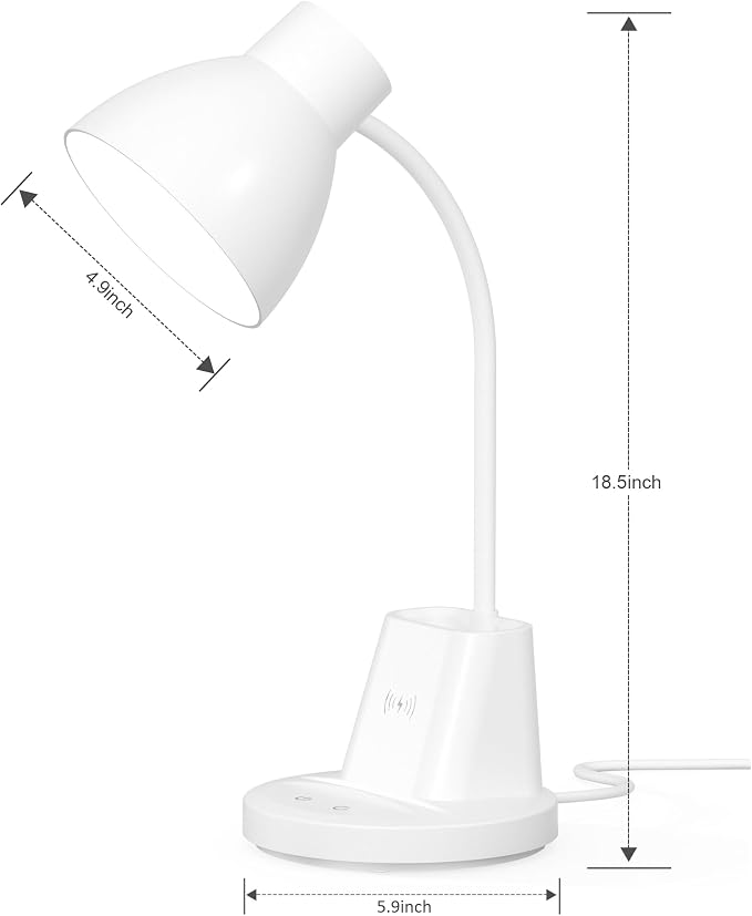 10W Wireless Charging LED Desk Lamp with Pen Holder, CRI 95, White | 800LM, 3 Modes, 360°Flexible Arm, Touch, Brightness, Table Lamp for Home Office, Dorm, Bedside, Study, Reading, with Adapter