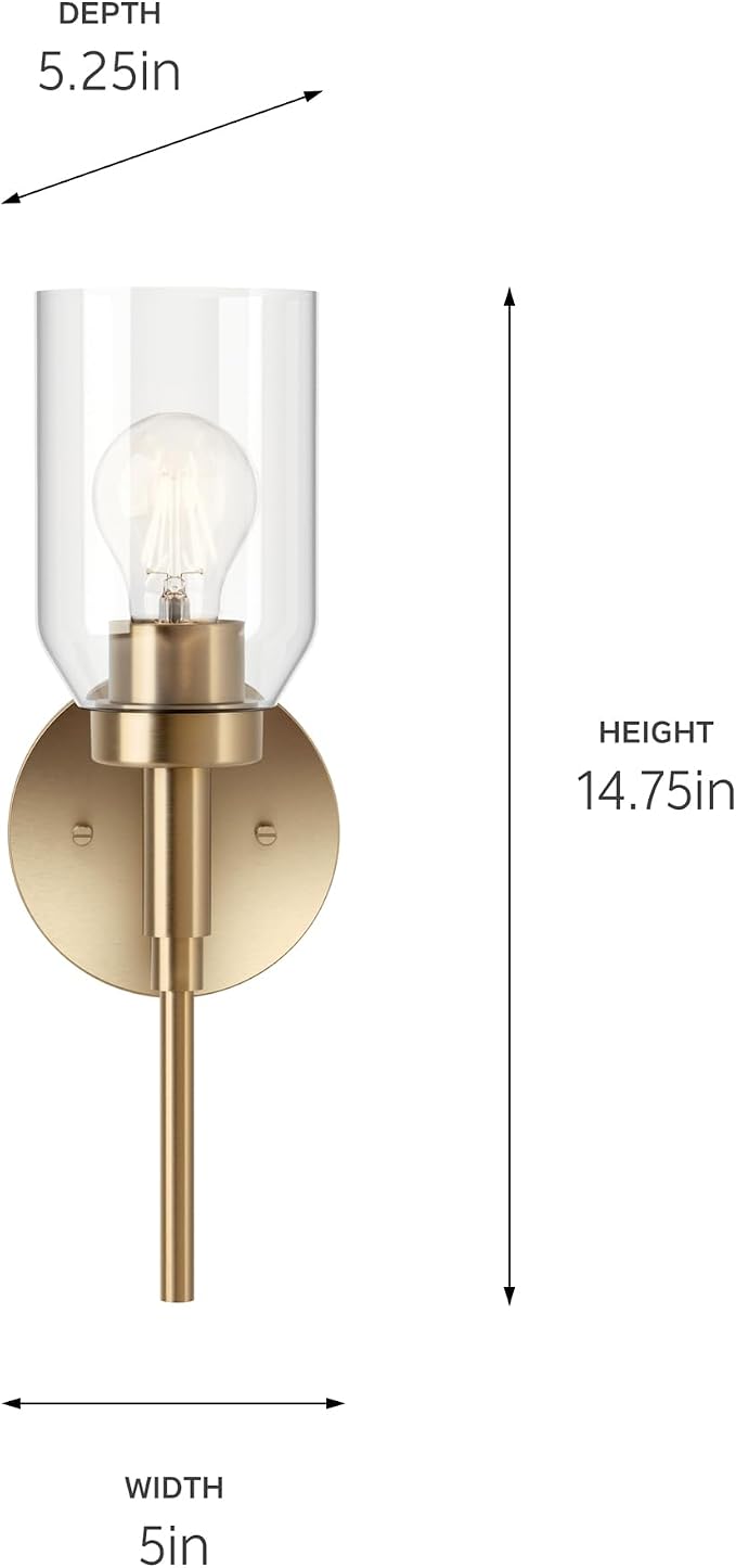 Kichler Madden 1-Light Bathroom Wall Light, Champagne Bronze | Modern wall light with clear glass for bathrooms and hallways (14.75" x 5"), 55183CPZ
