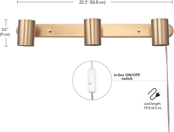 Globe Electric 3-Light Plug-in Track Lighting, Matte Brass, Adjustable Heads, 15-Foot Cord, 59469