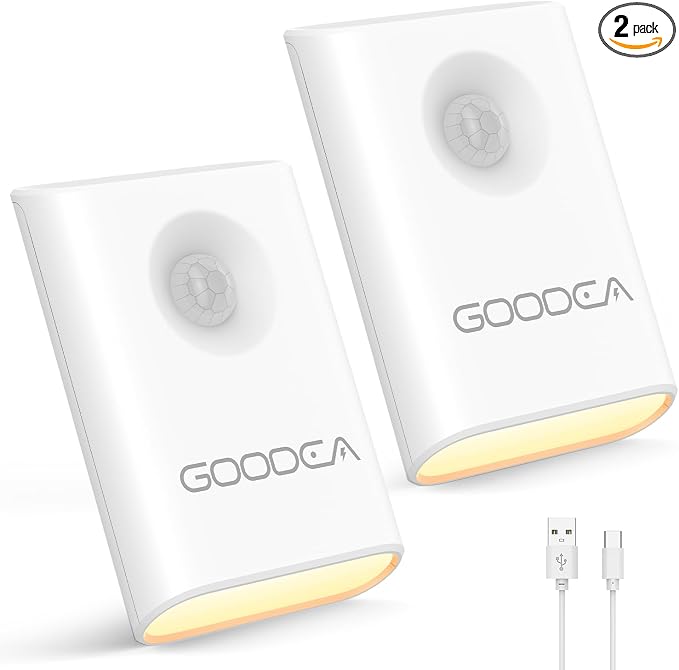 GOODEA 2-Pack Magnetic Motion Sensor Night Light with Rechargeable Battery | Portable Mini 3000K Warm White LED Nightlight, Dimmable Light for Stair, Bathroom, Hallway, Toilet, Bedroom, Cruise