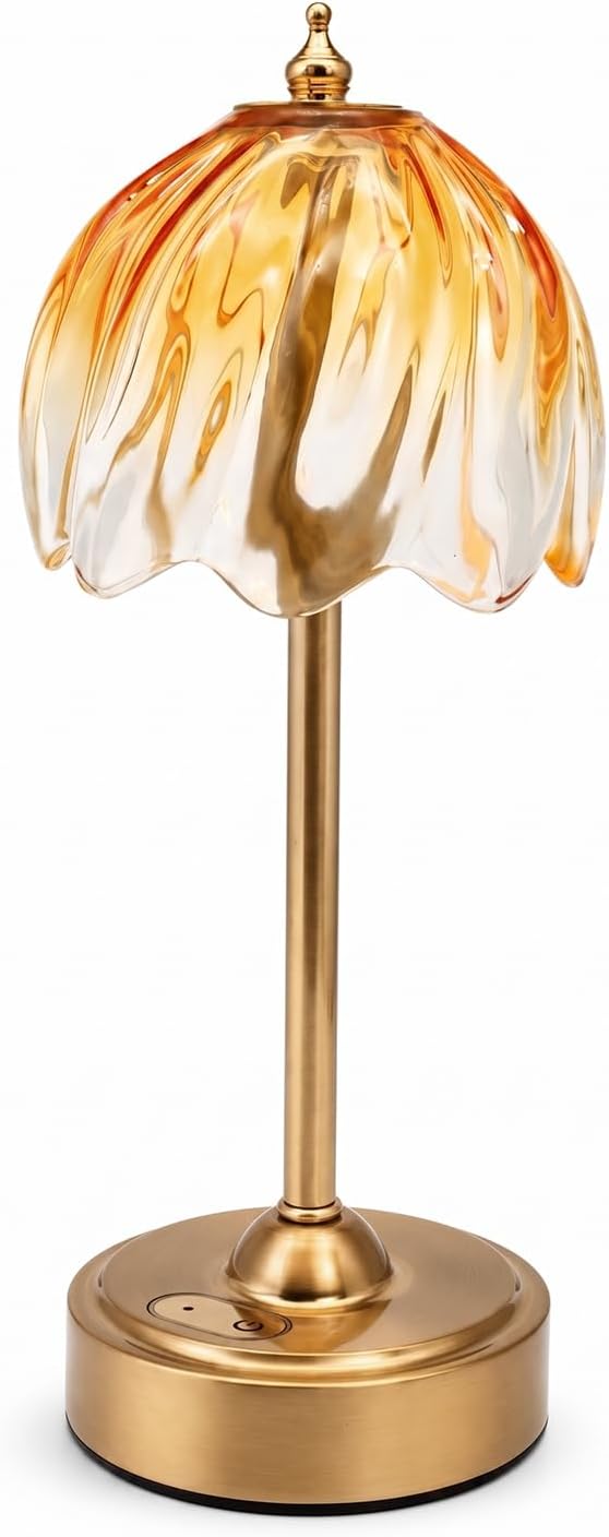 Nusogon Cordless Flower Table Lamp, 5200mAh Small Rechargeable Touch Lamp | 3 Color & Stepless Dimming, Amber Gradient Glass Desk Lamp for Bedroom, Office, Kitchen, Nightstand, Room Decor