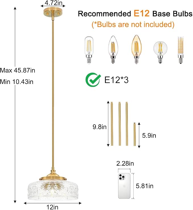 3-Light Adjustable Pendant Lights Kitchen Island, Gold Brushed Metal & Clear Glass Ceiling Pendant Light, Vintage Brass Drop Lights for Bathroom, Hallway, Convertible Ceiling Mount Or Hanging Fixture