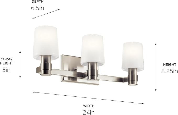Kichler Adani 3-Light Bathroom Vanity Light, Brushed Nickel | Modern vanity light with opal glass for bathrooms and powder rooms (24" x 8.25"), 55176NI