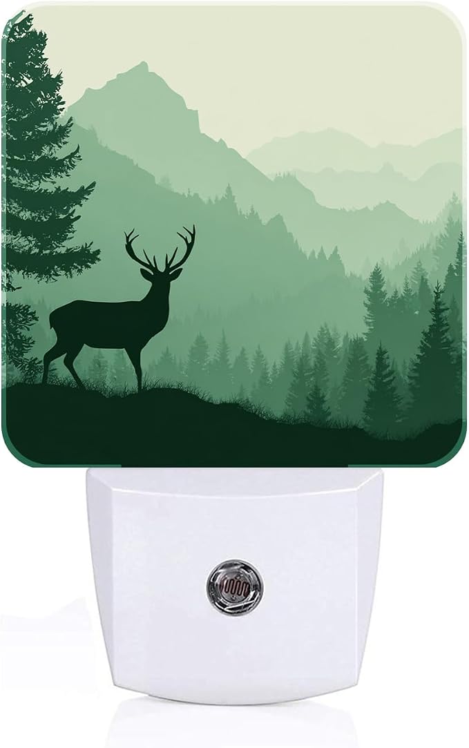 Misty Mountains Forest Night Light,Silhouette Deer Plug Into Wall for Boys Girls Bedroom Decorative Square Night Light Lamp 0.5w Sleep Friendly