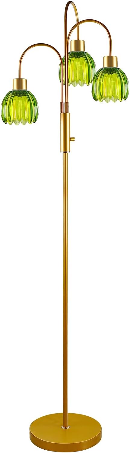 3-Light Glass Floor Lamp, 70" Gold Dimmable Standing Tall Lamp with Green Ribbed Glass Shades &3PCS 3000K Warm White Bulbs, Modern Tree Pole Lamp for Living Room Bedroom Home Office Corner Decor