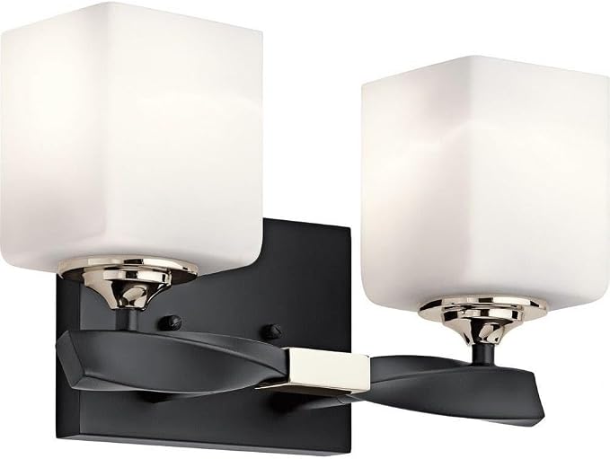 Kichler Marette 2-Light Bathroom Vanity Light, Black | Modern transitional vanity light with satin etched cased opal glass (13.5" x 7.75" x 13.5"), 55001BK