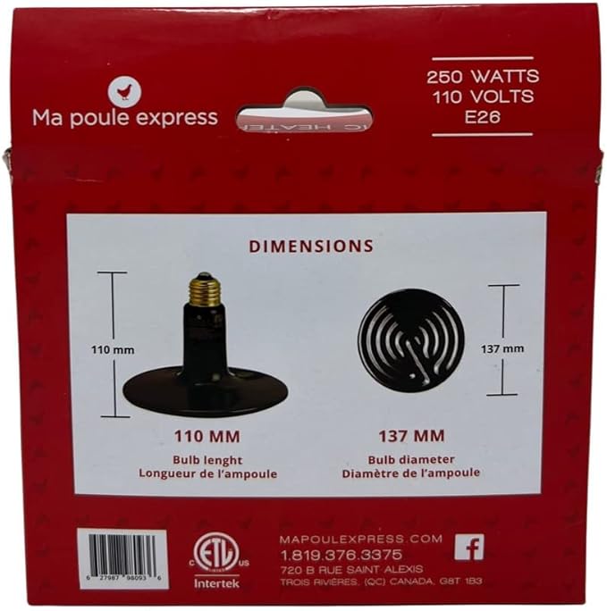 Ma Poule Express Heat Lamp Bulb with Golden Base – Premium Set of 10.5-inch Aluminum Base and 250W Infrared Heating Lamp – Chicken Coop Heating System with No Light