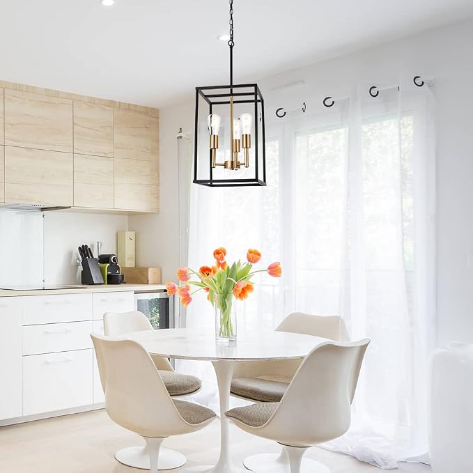3 Light Vintage Industrial Pendant Light, Lantern Cage Chandelier in Black and Brushed Brass Finish Classic Hanging Kitchen Lighting for Foyer Dining Room Kitchen Island, Bedroom