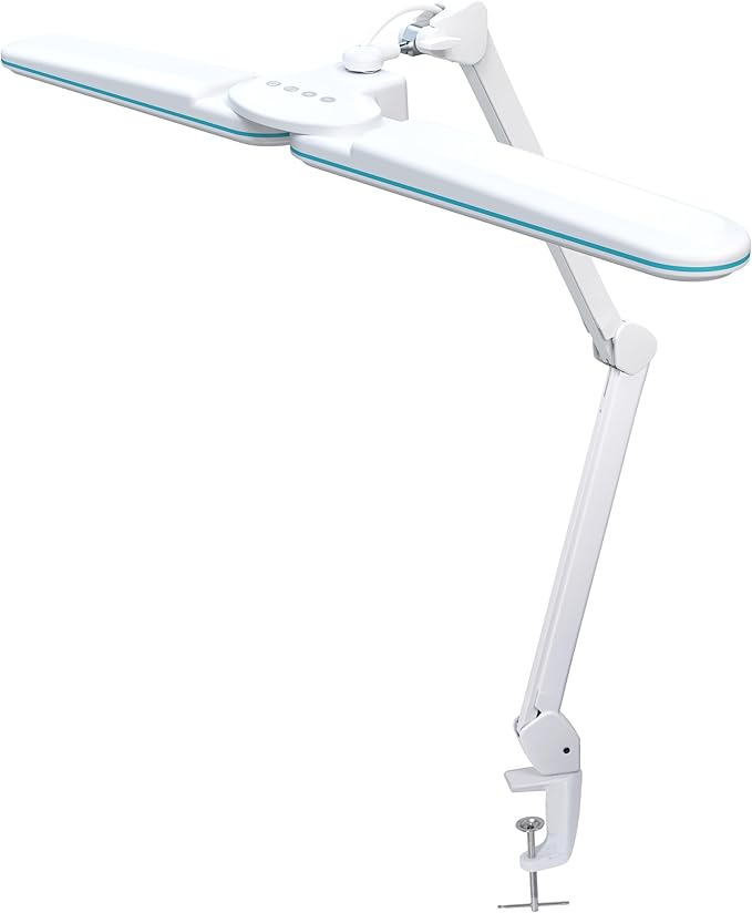 Neatfi Elite HD XL LED Desk Lamp | 3 Light Modes | Non-Polar Dimming | Eye-Caring Desk Light for Home Office, Drafting, Beauty Shop, Workbench (CCT with Clamp, Blue Ring, 17 Inches)