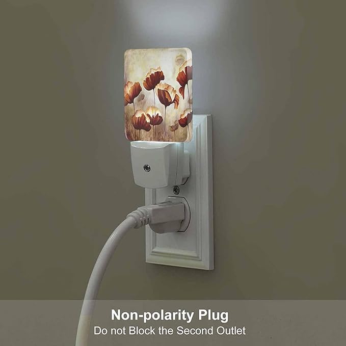 LED Night Light,Poppies Flower Artwork Vintage Brown Lotus LED Night Light Plug into Wall with Dusk to Dawn Light Sensor White Energy Efficient Nightlight for Bedroom Hallway Living Room Kitchen