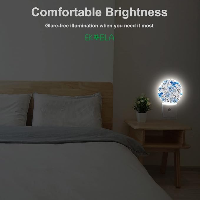 EKOBLA Hummingbird Night Light, Blue Bird Peony Flower Night Lights Plug Into Wall with Dusk to Dawn Sensor, LED Nightlights for Bedroom, Bathroom, Hallway, Kitchen