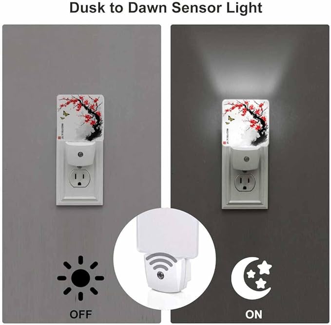 Plum Blossoms and Butterflies Night Light Red Ink Painting Style LED Night Lights Plug into Wall for Stairway Hallway Bedroom 0.5W Nightlight