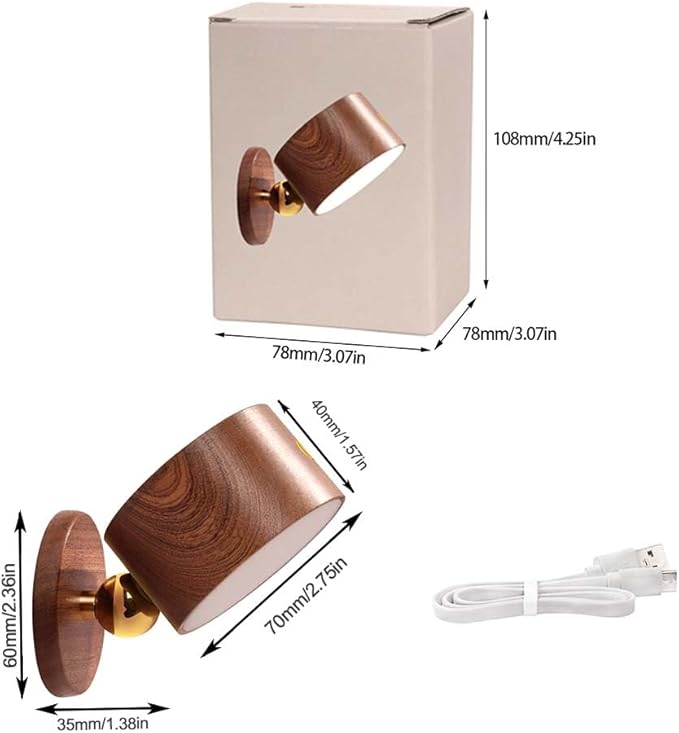LANDGOO Sapele Wood Wall Sconce Bedside Lamp - Rechargeable Magnetic 360° Rotatable & Dimmable for Closet, Artwork & Reading (No Wiring Cordless Adjustable Light)