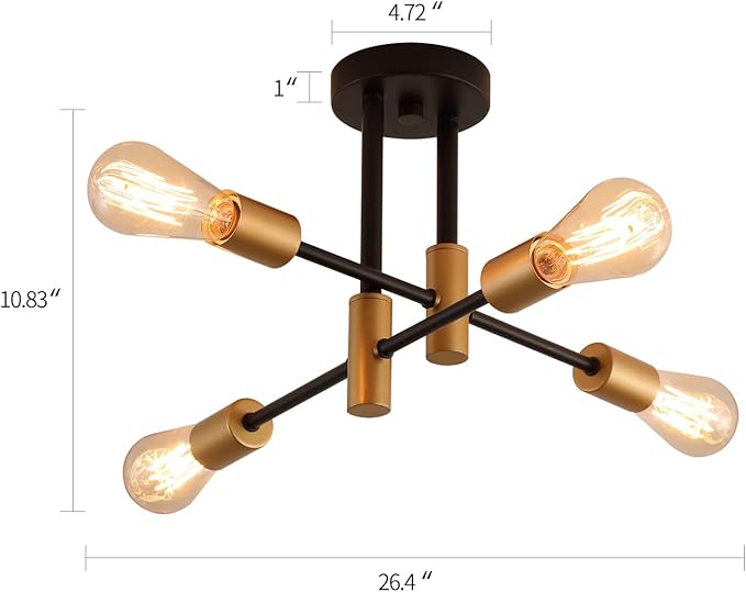 Black and Gold Modern Sputnik Chandelier Ceiling Light Fixtures,4-Lights Mid Century Industrial Metal Semi Flush Mount Ceiling Lights for Bedroom Kitchen Hallway Entryway Office UL Listed