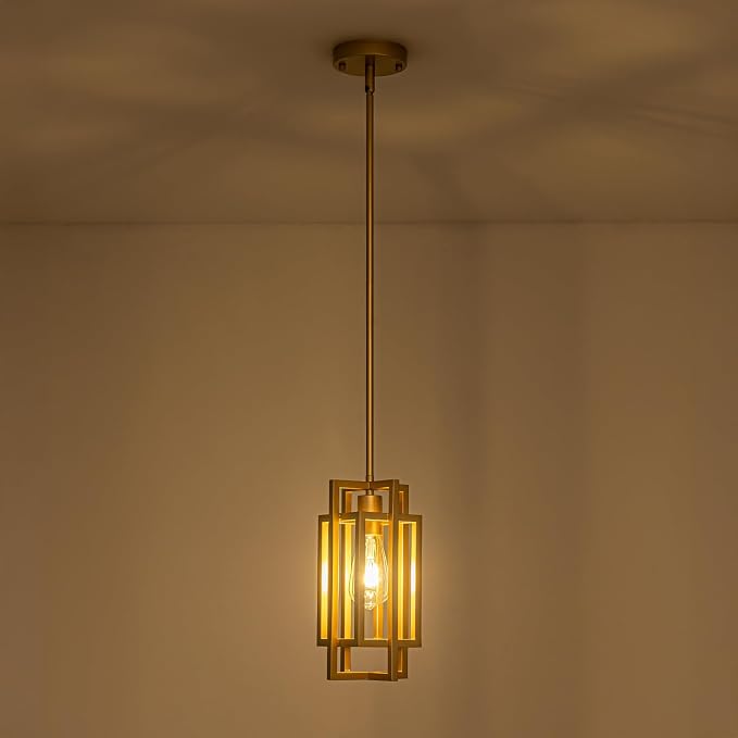 Modern Pendant Light Fixtures 2 Pack 1 Light, Gold Finish Cage Farmhouse Pendant Lights with Max 59'' Adjustable, Small Square Pendant Ceiling Hanging Light for Kitchen Island Dining Room Entryway