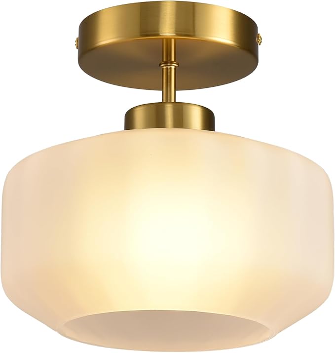 Industrial Gold Matte Light Fixtures Ceiling Mount, with Frosted Glass Shades Semi Flush Mount Ceiling Light, for Hallway Fixtures Kitchen, Foyer