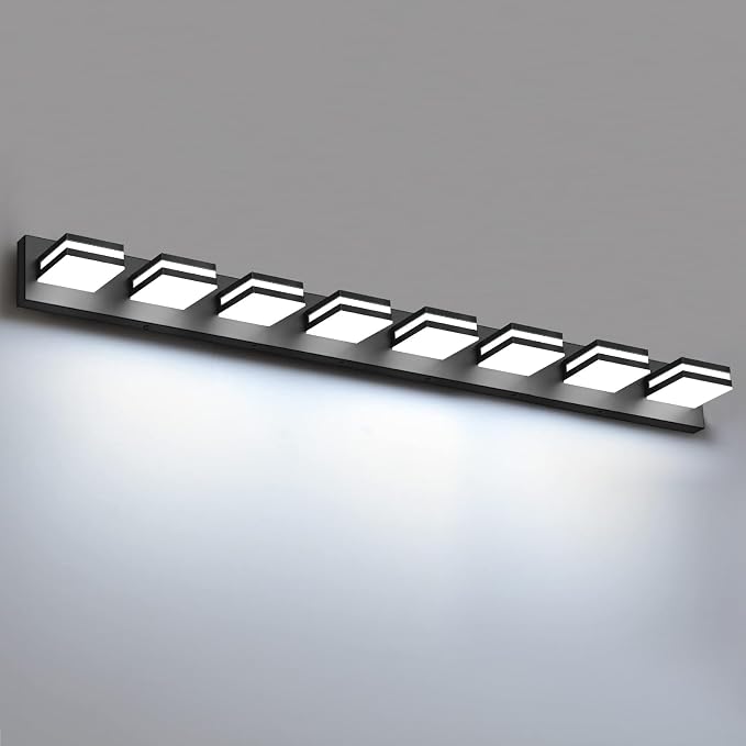 IZORRO LED Modern Bathroom Lights Fixtures(8-Light,Dimmable,360°Rotate),Matte Black Acrylic Wall Lighting,Vanity Lights for Bathroom Over Mirror - 6000k 48In （No Assembly Required）