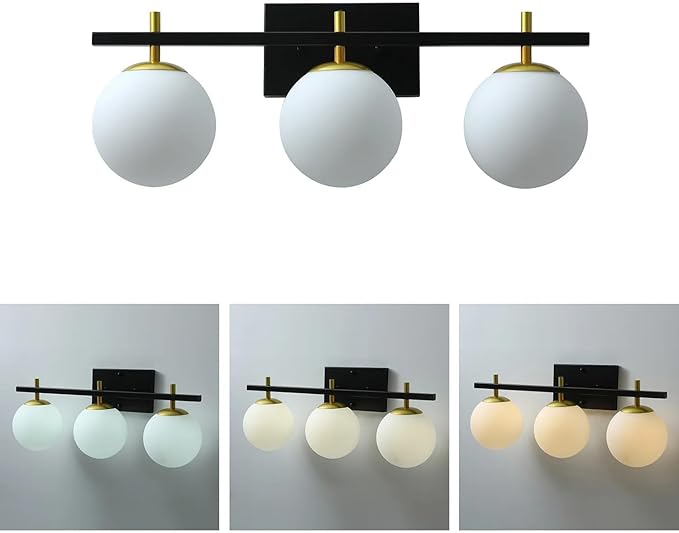 Mid Century 3-Light Bathroom Vanity Light Over Mirror, Black and Gold Modern Bathroom Light Fixtures with Milky White Frosted Glass Globe Shade, Wall Sconces for Bathroom, Stairs, Kitchen