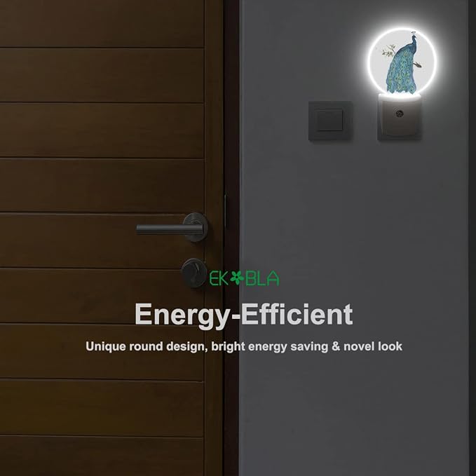 EKOBLA Peacock Night Light, Watercolor Peacock Feather Teal Night Lights Plug Into Wall with Auto Sensor, 0.5W Sleep Friendly
