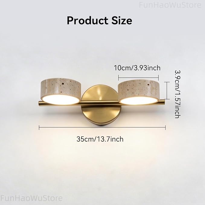 Led Bathroom Lighting Fixtures Over Mirror with 2 Travertine Shades,Vanity Lights Wall Lamp, 180° Rotatable Stone Lampshades Bathroom Lights, Modern Farmhouse Stone Sconces Gold