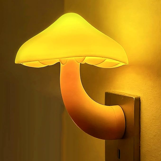 LED Mushroom Night Light Plug in Lamp, Light Sensor Night Lights Plug into Wall, Dusk to Dawn Sensor Night Light for Adults Kids Room Bedroom Bathroom Hallway Kitchen (1, Yellow)