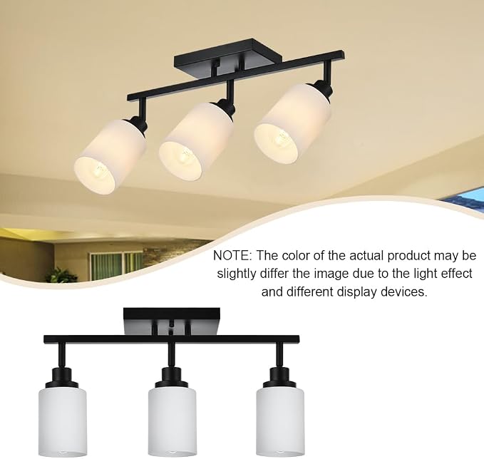 3-Lights Track Lighting Kit, Black Directional Ceiling Light Fixtures with Opal White Glass, Wall Mounted Spotlight for Kitchen Hallway