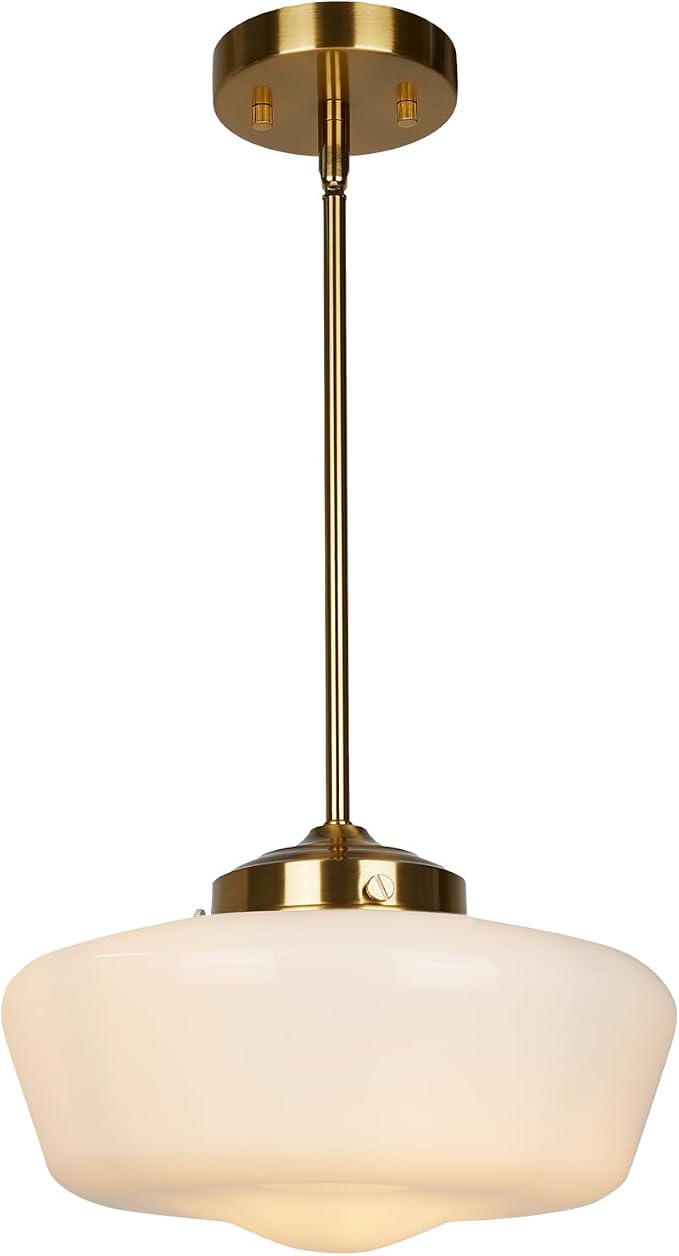 Schoolhouse Pendant Light Fixture, 12" Brass Hanging Light with Opal Milk Glass Shade, Adjustable Farmhouse Globe Pendant Light for Kitchen Island, Dining Room, Hallway, Entryway, Laundry, Bedroom