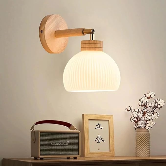Globe Milk White Glass Wall Lamp Nordic Solid Wood Wall Sconce Adjustable Bedroom Bedside Reading Lighting, Modern Retro Half Globe Wooden Home Decor Lighting Fixture for Loft Living Room