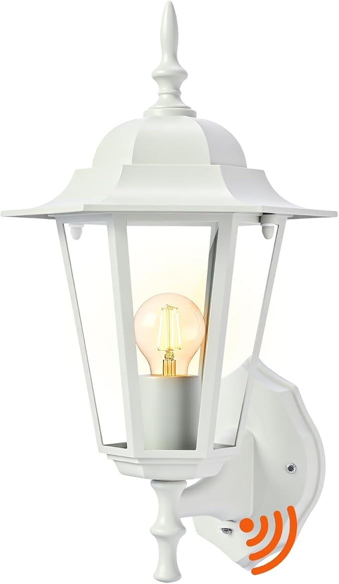 14.4"H Dusk to Dawn Outdoor Wall Light, White Exterior Garage Lighting Fixtures, Outdoor Porch Light Wall Mount, Modern Outside Wall Lantern Sconce Sensor Dusk Dawn Light for House, 1 Pack, E26 Base