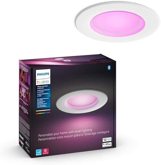 Philips Hue Smart Retrofit Recessed 5/6" LED Downlight 1 Pack - White and Color Ambiance Color-Changing Light 1100LM - Control with Hue App - Compatible with Alexa, Google Assistant and Apple Homekit