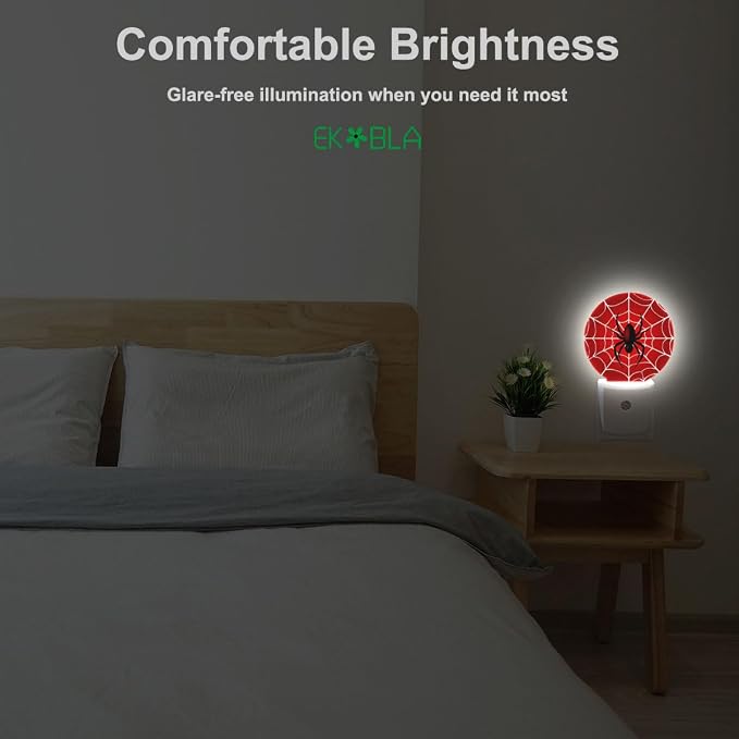EKOBLA Red Spider Web Night Light, Hero Theme Night Lights Plug Into Wall with Dusk to Dawn Sensor, LED Nightlights for Bedroom, Bathroom, Gifts Ideal for Teen Boys and Men Cave